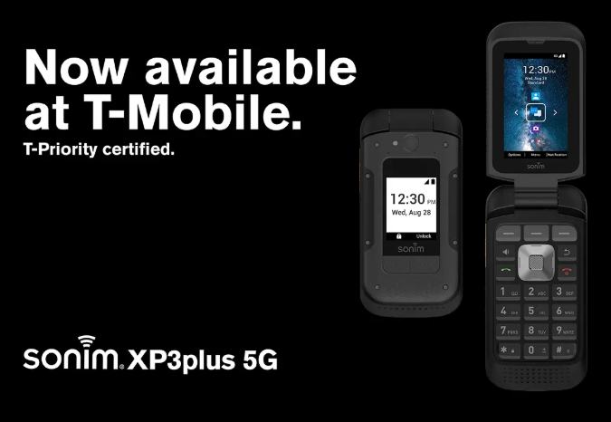 sonim XP3plus 5G now phone with "Now available at T-Mobile" written above it.