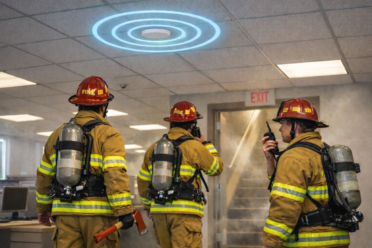 A group of three firefighters in gear on location with smoke in a stairwell