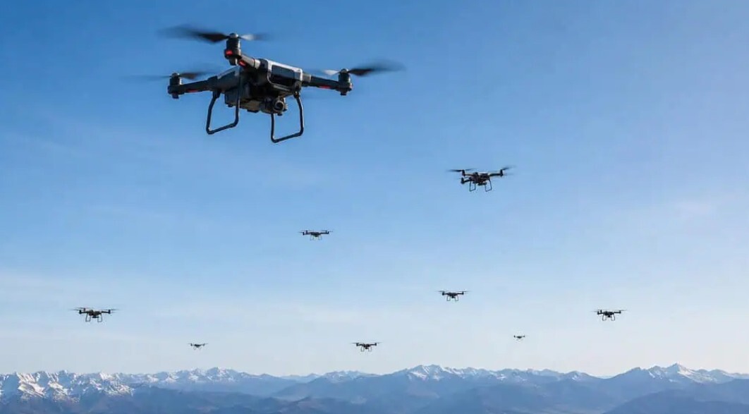 Multiple drones flying in formation over a snow-capped mountain range beneath a clear blue sky.